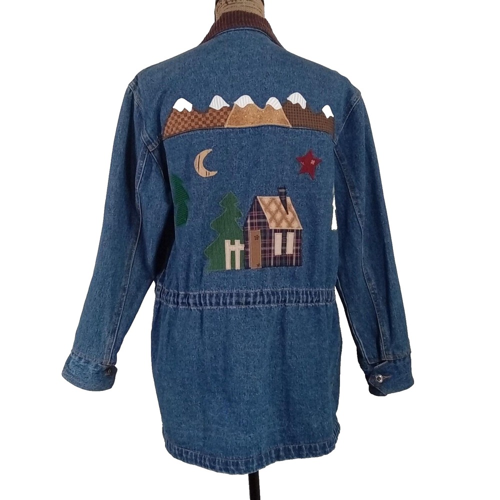 VTG Baccini Barn Jacket SMALL Denim Cabin Embroider Applique Zip Blue Jean